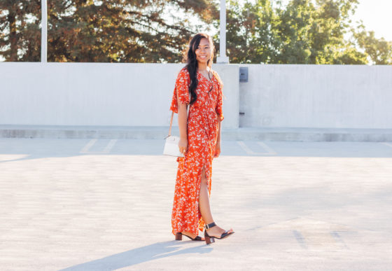 The perfect fall dress. Burnt orange, flower detail, tie back maxi dress with black heels. | In this post, Blaze Ann gives an honest life update, sharing where she's going to college, the last time she cried, etc.. on P31beauty.