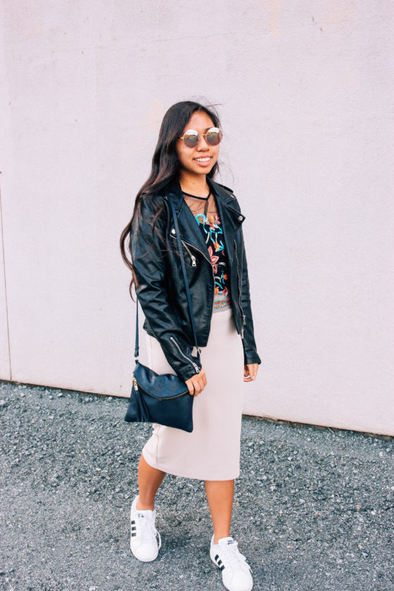Leather jacket, embroidered top, pencil skirt, Adidas sneakers, street style