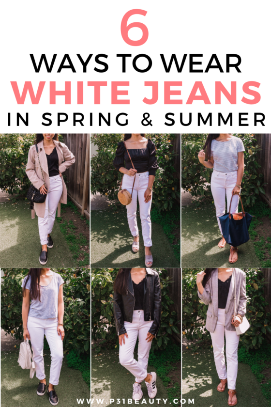 Are you wondering how to wear white jeans this spring and summer? Read this post for some inspiration on classy and casual white jean looks that you can wear to work, school, and dates. Click to see 6 outfits with white jeans that you can copy!